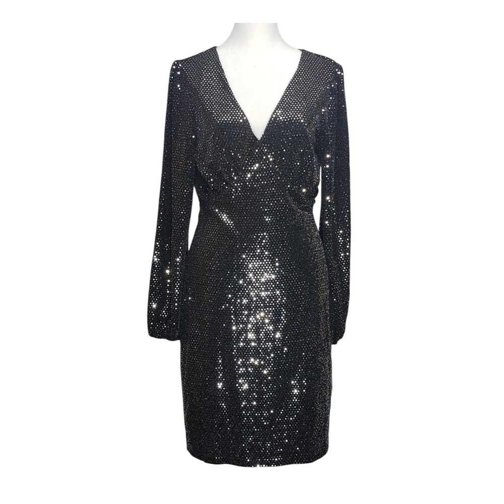 Alexa B Nites Silver Sequin V-Neck Long Sleeve Sheath Dress Sz 8 Y2K Party Glam